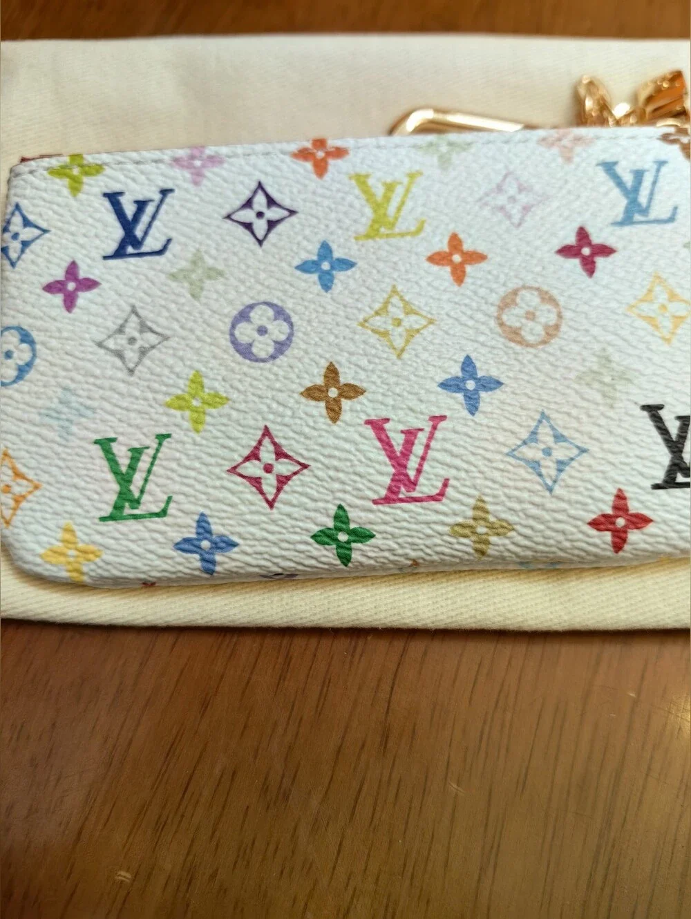 Louis Vuitton White Multicolor Monogram Key Pouch with Gold Hardware